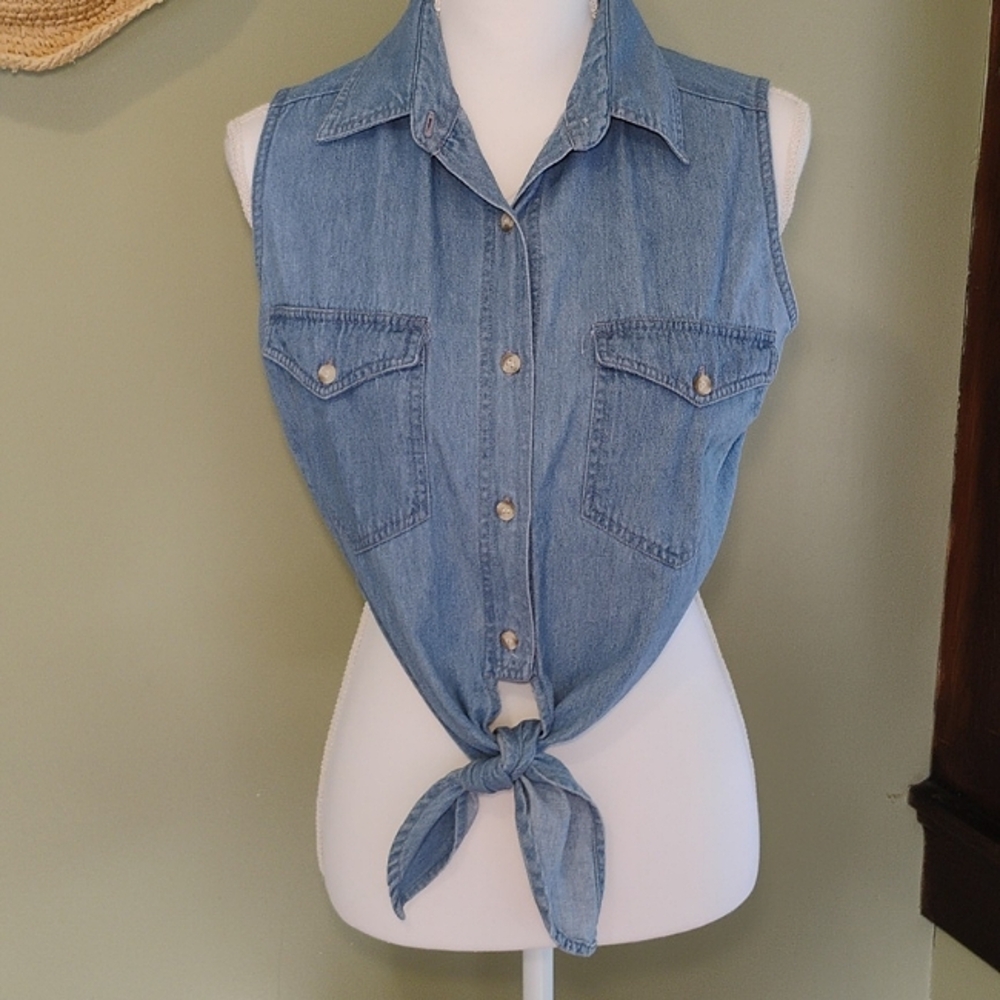Retro Denim Cropped Top Sleeveless, Button Up Festival Bohemian Size Medium